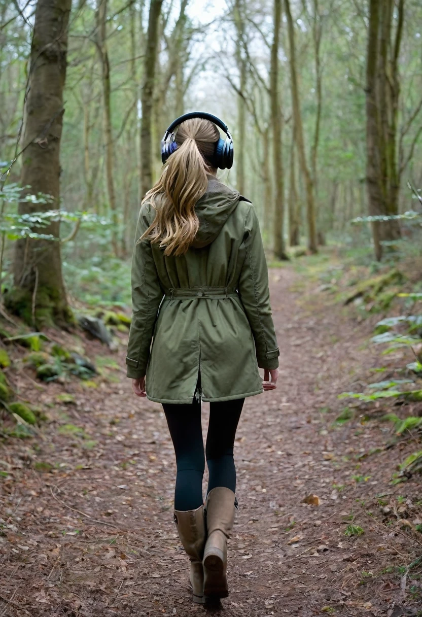 Far in the distance, a Dark blonde haired girl with very beautiful long hair down to her butt, wearing an olive green jacket, black leggings, dark brown mid calf stylish boots, wearing over the ear headphones on her head, 28 years old, only showing the view of her from behind her as she walks into the woods, with just a little of the side of her face as she looks slightly over to the right