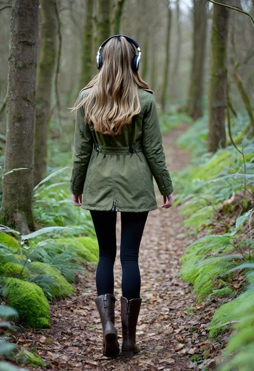 Far in the distance, a Dark blonde haired girl with very beautiful long hair down to her butt, wearing an olive green jacket, black leggings, dark brown mid calf stylish boots, wearing over the ear headphones on her head, 28 years old, only showing the view of her from behind her as she walks into the woods, with just a little of the side of her face as she looks slightly over to the right