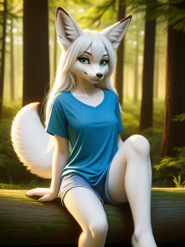 Posing, sitting on log, Female, 30 years old, cute, eyeliner, long hair, blue shirt, bedroom eyes, anthro, fox ears, (white fur:1.5), baggy shirt, fox, forest background, 8k, hi res, (best quality, masterpiece), green eyes, fox tail