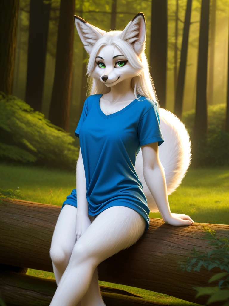 Posing, sitting on log, Female, 30 years old, cute, eyeliner, long hair, blue shirt, bedroom eyes, anthro, fox ears, (white fur:1.5), baggy shirt, fox, forest background, 8k, hi res, (best quality, masterpiece), green eyes, fox tail