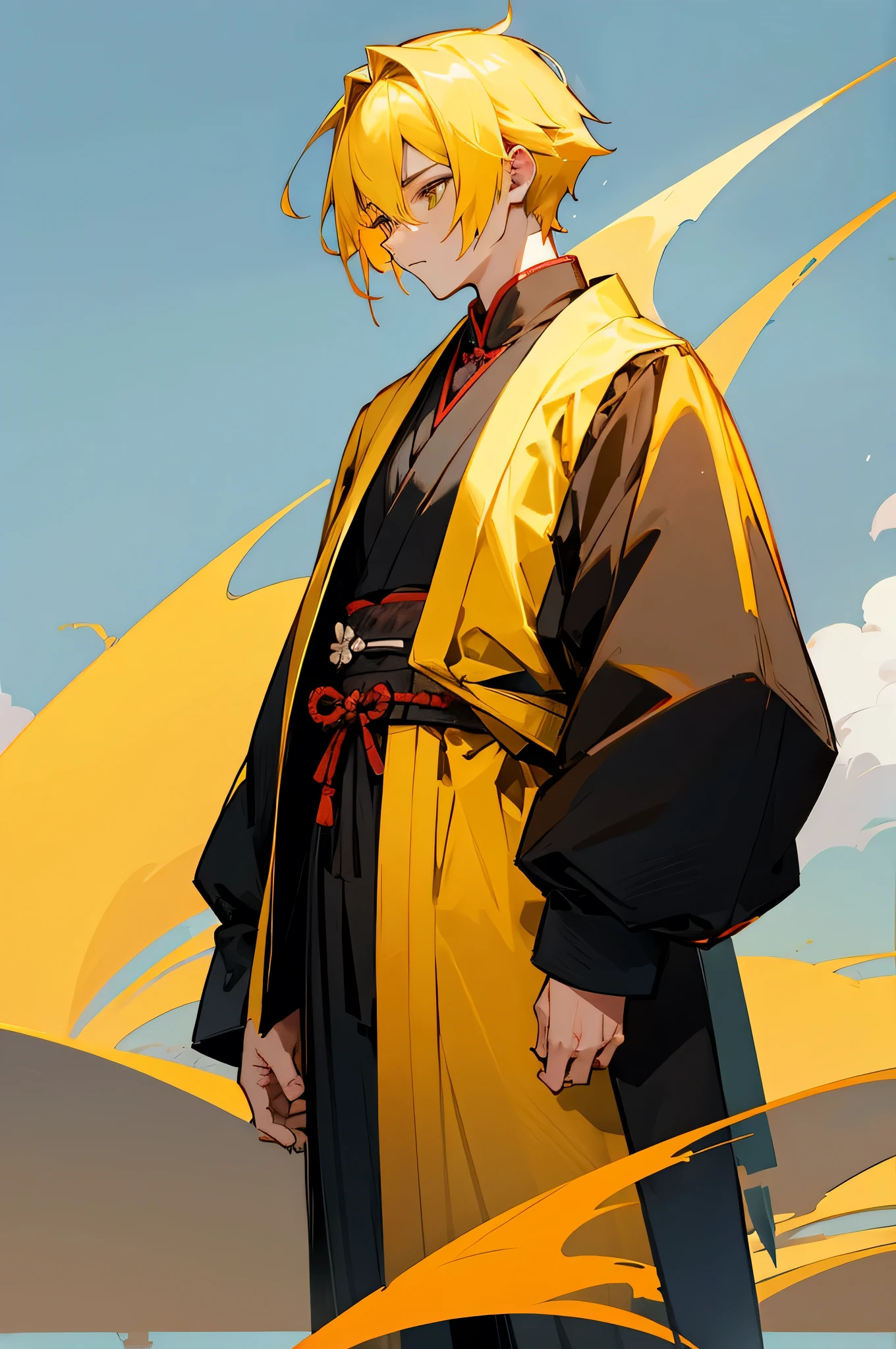 Teen , male, samurai Clothing, Standing pose, Town background, Yellow Hair