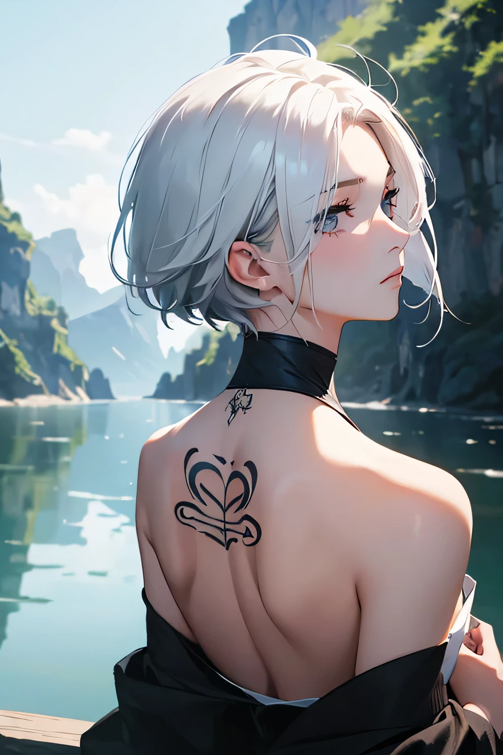 (Image from chest up:1.4)((masterpiece:1.5,Highest quality,Beautiful images、Sketch、2.5D、Ink Painting、Abstract、Artistic、Portraiture))(1girl, solo)(medium breasts, white hair、short hair、sideboob、Exposing shoulders、Tattoo on shoulder)(Profile Portrait,Gaze sideways、Gaze diagonally、Shake your head、A sad expression, floating hair)(Monotone Abstract Background)((from backside:1.3)),Landscape