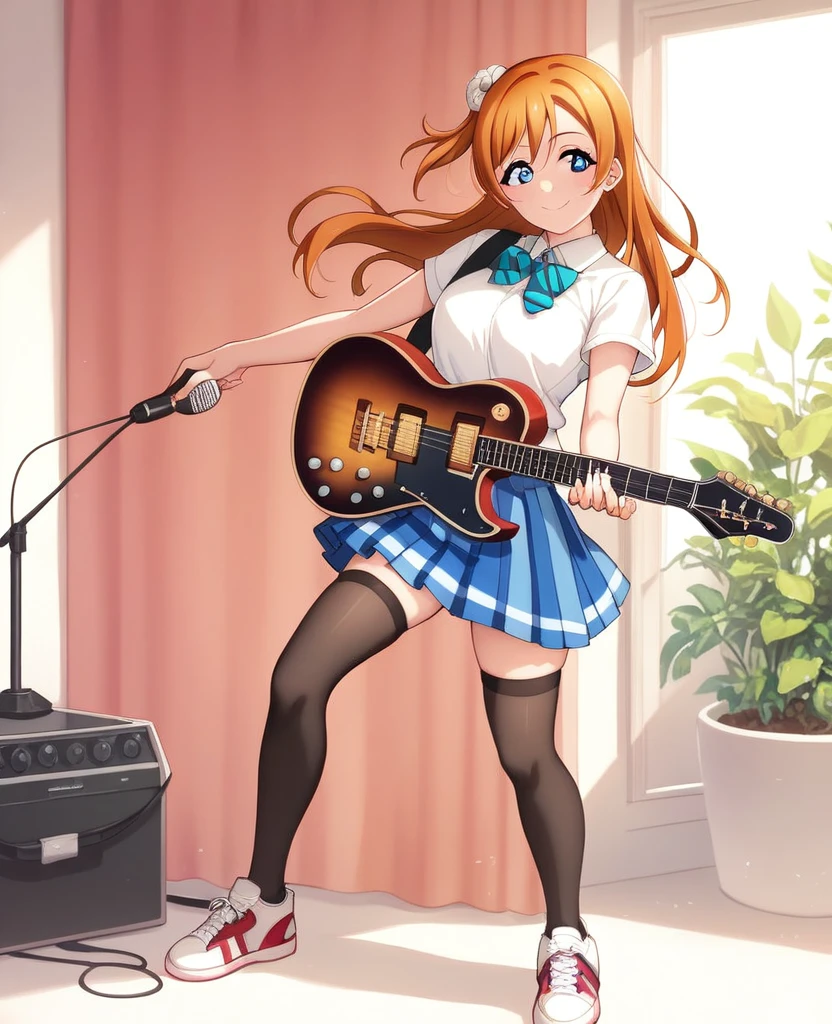 Honoka kousaka love live, blue eyes, orange hair,hair flower, perfect eyes, Perfect iris，Perfect skin，Soft front light,low twintails, curvy thicc body , Long hair , blushing, breasts, looking_at_viewer, smile,  skirt, shirt, thighhighs, holding, standing, full_body, white_shirt, short_sleeves, pleated_skirt, shoes, black_thighhighs, hair_over_one_eye, zettai_ryouiki, white_skirt, sneakers, instrument, guitar, shoulder_cutout, holding_instrument, electric_guitar