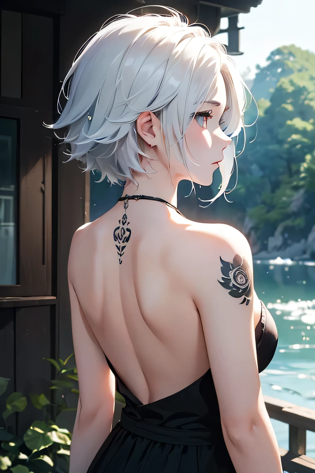 1boy only、Man's,white  hair、short hairstyle、Cat's ears、 Collar,Naked towel,With puffiness、Magic Hour,Backlighting,lake,heavy fog、 Trees、AngelT、birds,dark scenary、hightquality、masutepiece,hight resolution、NSFW,