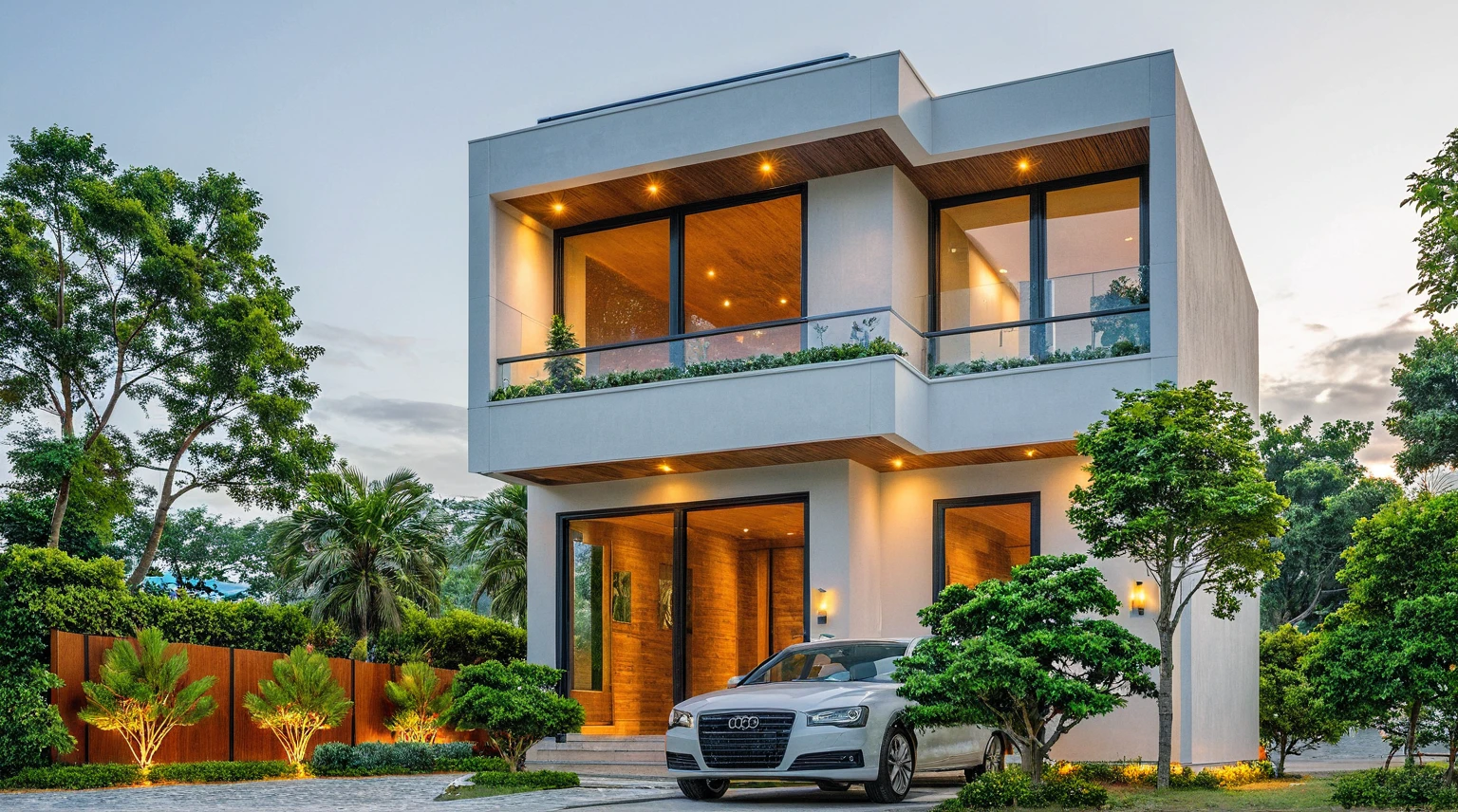 Masterpiece, high quality, best quality, authentic, super detail, outdoors, onestoreyvillaXL, aiaigroup, house style modern on the street ,stairs, white wall ,road,pavement, grass, trees, sky, cloud, (daylight:1.1)