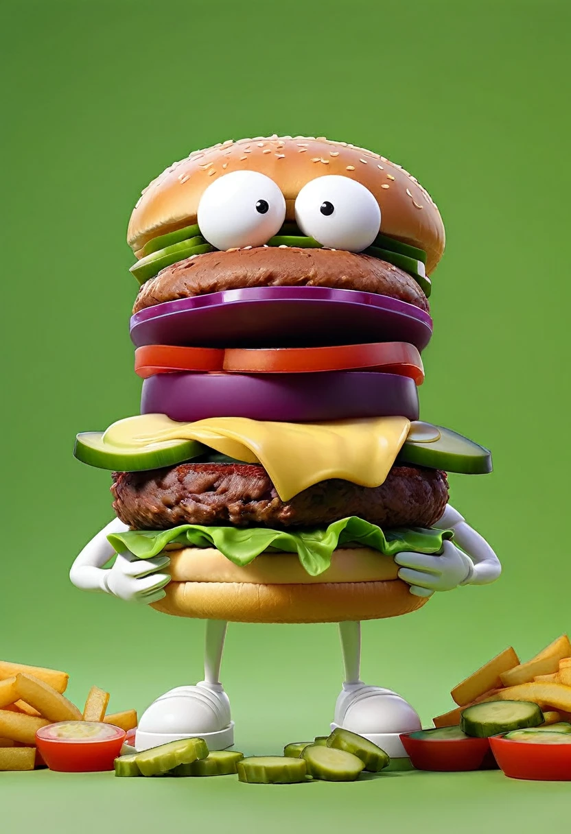Cartoon burger standing on green screen without lettuce, but replaced with pickles