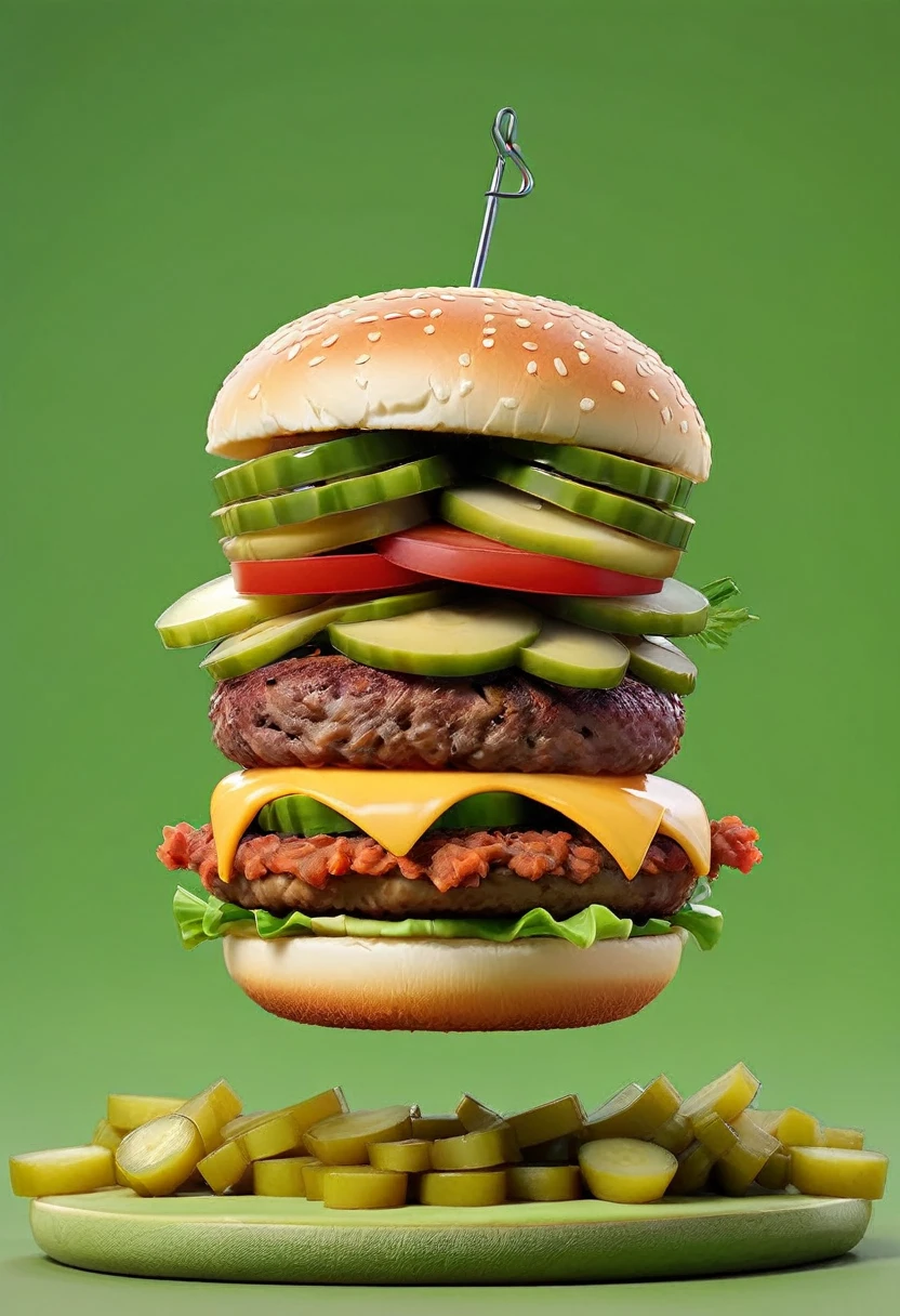 Cartoon burger standing on green screen without lettuce, but replaced with pickles