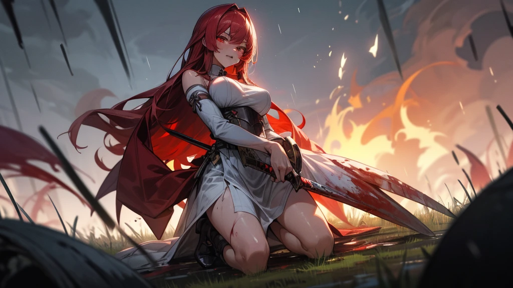 weird atmosphere, (best quality:1.1), (masterpiece:1.2), high quality shadow, beautiful detailed, (high detailed skin, skin details), (wide landscape, 8k), depth of field, highres, best illumination, (sexy), outdoors, blurry background, HD hair, beautiful face, perfect skin, red hair, long hair, (big breasts), blood particles, (night), sharp teeth, glowing red eyes, blood on face, blood on clothes, blood splashing, female knight kneel in the war fields, white dress, leavage, stocking, high heels, attack pose, close to viewer, gripping blue flame sword, heavy rain, in the grassland, foggy, wet body, wet hair, hair fluttering, bare shoulder, blue flame
