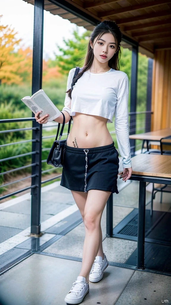 (best quality, Masterpiece, Realistic photos, very detailed, Ultra high resolution, raw:1.3), 1 woman, beautiful, Japan, in university, A young university girl wears a white button-up crop top., Black skirt, showing navel, College Student, navel, (canvas shoes, ขาbeautiful, full body), Walking place, holding a book, Dress well, 