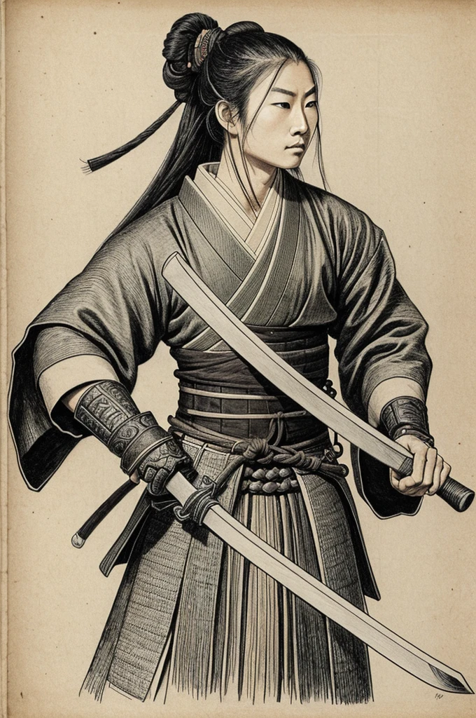 A line drawing of a samurai with long hair tied up, holding a sword, wearing long sleeved clothes turned sideways.