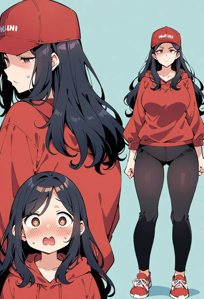 (masterpiece), best quality, expressive eyes, perfect face, a man get transformed into a MILF, solo, surpriced, blushed, black hair, long hair, red baseball cap, brown eyes, (full body), tight clothes, in a kindergarten, chubby, big . black shirt, red hoodie, black sport pants, red sport shoes, straight hair, multiple views,