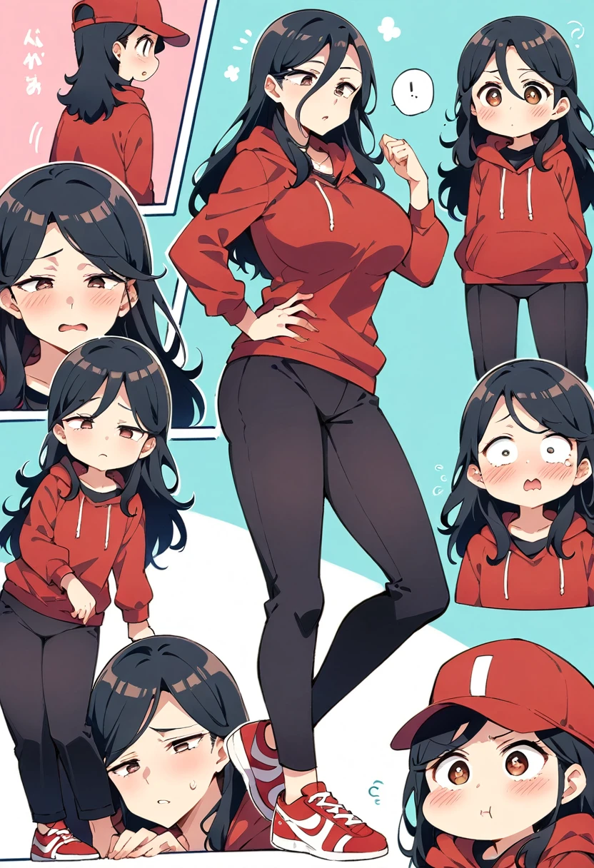 (masterpiece), best quality, expressive eyes, perfect face, a man get transformed into a MILF, solo, surpriced, blushed, black hair, long hair, red baseball cap, brown eyes, (full body), tight clothes, in a kindergarten, chubby, big . black shirt, red hoodie, black sport pants, red sport shoes, straight hair, multiple views,