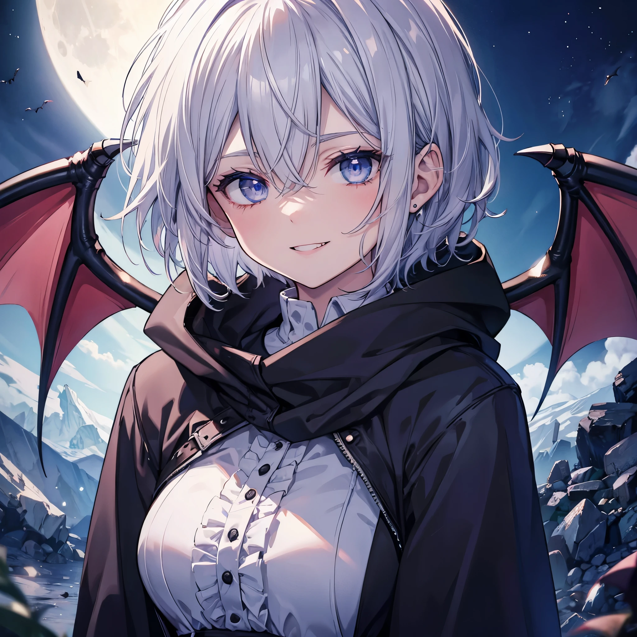 ((((vampire　Inflammation))))　(((Gray Hair　short hair　blue eyes　woman　Center close-up)))，((night　full moon　My own big wings))，(Wearing a hood　Black camisole　Purple light　Wearing a cloak)，　Creepy Smile　Showing teeth　Shining Background　Shining Edges