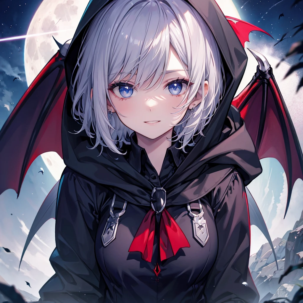 ((((vampire　Inflammation))))　(((Gray Hair　short hair　blue eyes　woman　Center close-up)))，((night　full moon　My own big wings))，(Wearing a hood　Black camisole　Purple light　Wearing a cloak)，　Creepy Smile　Showing teeth　Shining Background　Shining Edges