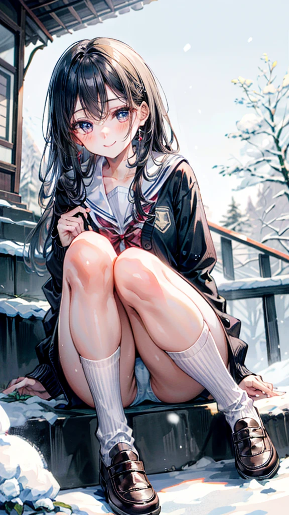 (Best quality, 8k, 32k, Masterpiece, UHD,:1.2),RAW, 1girl,ultra cute , natural lighting,transparent shining eyes, 20yo ,fair complexion, ((school uniform)), sitting on stairs, Closeup shot, wedgie, bending knees, show off panties, From front and Below, shy smiling, medium straight hair, in winter, falling snow, Closing legs, long sleeve cardigan