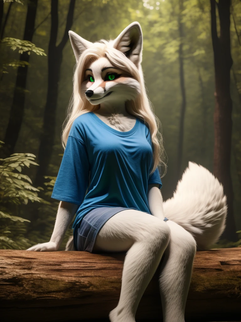 Posing, sitting on log, Female, 30 years old, cute, eyeliner, long hair, blue shirt, bedroom eyes, anthro, fox ears, (white fur:1.5), baggy shirt, fox, forest background, 8k, hi res, (best quality, masterpiece), green eyes, fox tail