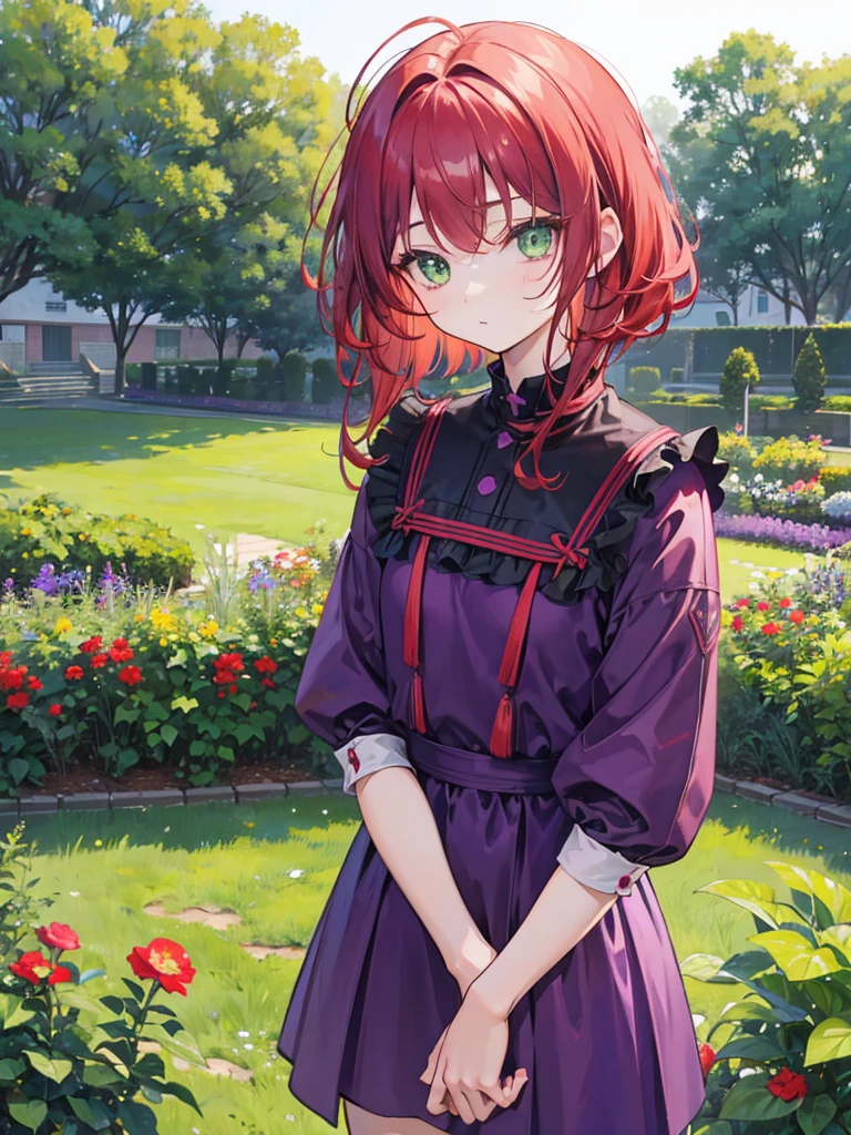 , green eyes, short curry wavy red hair, bangs.  wear purple black outfit. she so quiet. background in garden. elementary School kids