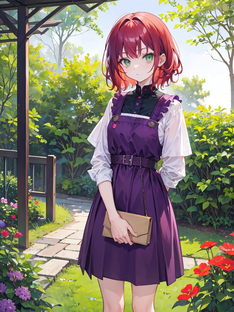 , green eyes, short curry wavy red hair, bangs.  wear purple black outfit. she so quiet. background in garden. elementary School kids