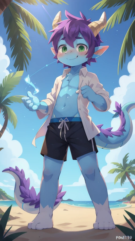 score_9,score_8_up,score_7_up, source_cartoon, source_furry, dragon boy, horns, green eyes, tail, purple hair, shota, , furry, blush, dragon tail, looking at viewer, smile, 1boy, dragon horns, pointy ears, , short hair, furry male, two tone body fur, blue body fur, clear blue body fur, ((white hawaiian shirt, open clothes, black swim trunks)), beach, clear sky, standing, low angle, straddle view, hand palm with magic blue fire, magic effect, magic particles,