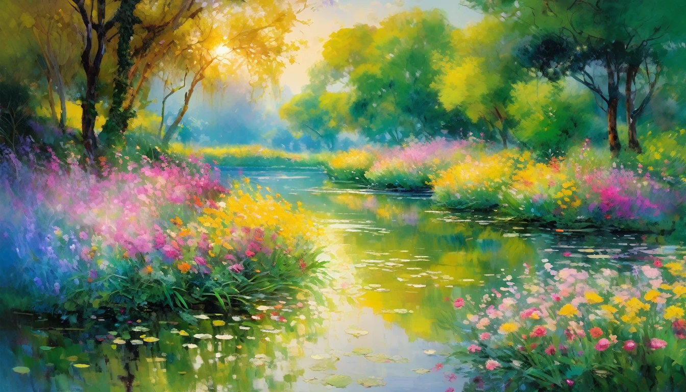 (Highest quality、4K、8K、High resolution、masterpiece:1.2)、Very detailed、Genuine、Inspired by Monet、印象派のmasterpiece、Oil、Beautiful detailed brushwork、Colorful flowers、Breathtaking landscapes、Tranquil garden landscape、wood々The sunlight shines in、Reflection of rippling water、Delicate pastel colors、Vibrant wildflowers、Dreamy atmosphere、Soft and elegant atmosphere、Lush greenery、Subtle color gradients、Impressionist Texture、A subtle play of light and shadow、Impression of movement and spontaneity、Peaceful and serene、An impression of tranquility and harmony、The beauty of painting、Impressionist techniques、Ethereal and seductive、Impressionist interpretation of nature、Harmonious composition、Impressionist brush strokes、Genuineの印象派スタイル、Emotional and vibrant、Wonderfully poetic、Sublime and atmospheric、Romantic and idyllic、印象派の本質を捉えたmasterpiece。