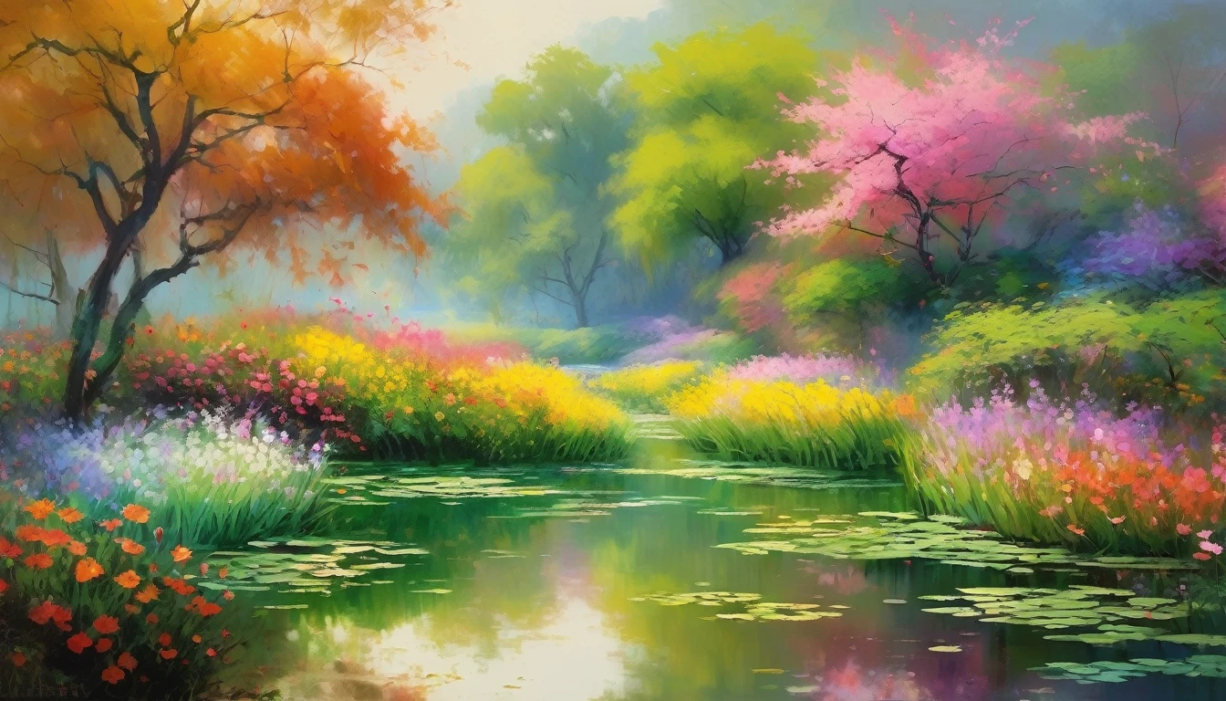 (Highest quality、4K、8K、High resolution、masterpiece:1.2)、Very detailed、Genuine、Inspired by Monet、印象派のmasterpiece、Oil、Beautiful detailed brushwork、Colorful flowers、Breathtaking landscapes、Tranquil garden landscape、wood々The sunlight shines in、Reflection of rippling water、Delicate pastel colors、Vibrant wildflowers、Dreamy atmosphere、Soft and elegant atmosphere、Lush greenery、Subtle color gradients、Impressionist Texture、A subtle play of light and shadow、Impression of movement and spontaneity、Peaceful and serene、An impression of tranquility and harmony、The beauty of painting、Impressionist techniques、Ethereal and seductive、Impressionist interpretation of nature、Harmonious composition、Impressionist brush strokes、Genuineの印象派スタイル、Emotional and vibrant、Wonderfully poetic、Sublime and atmospheric、Romantic and idyllic、印象派の本質を捉えたmasterpiece。