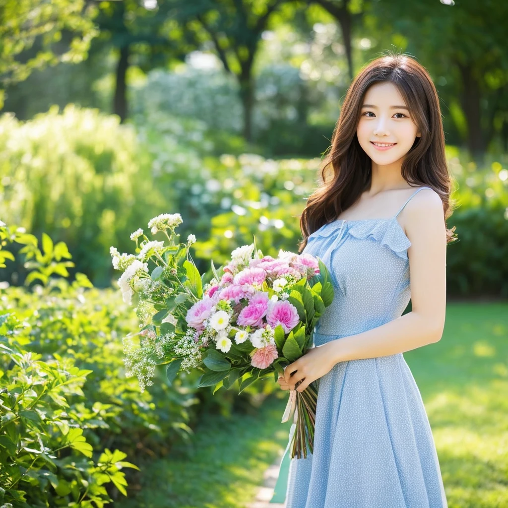 Create an image of a young woman around 15 years old,  women areショートカットの髪と優しい笑顔, Holding a lovely and beautiful bouquet. Beautiful flowers even with a green background。Beautiful outdoor environment preferred, Remembering sunny days. women are、While maintaining a warm and friendly expression、With a slightly more mature appearance、Her outfit should be a blue, detailed dress.。. Make sure the lighting and colors are soft and natural, Her youth々Emphasizes the beauty of a mature woman.
