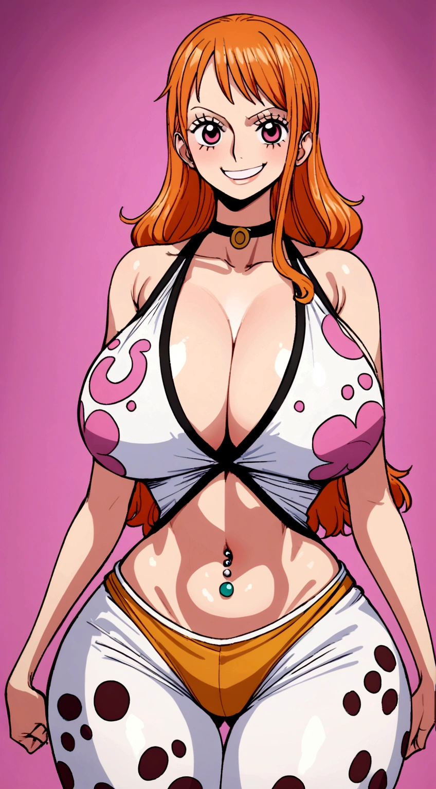 big lips, us&#39;s skin (One piece), pink eyes, japanese face, improve, improve grin, two sides up, huge breasts, Wide hips, sexy, detailed, pink room, Hits, (cute smile1.4), kawaii, fold us (One piece), One piece, GOOD, nami costume(One piece), fold us(One piece), camisa nami(One piece), choker, fold us(One piece), camisa nami(One piece),navel piercing, cosplay de nami(One piece)