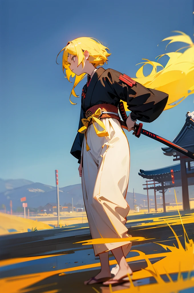 Teen , Female, samurai Clothing, Standing pose, Town background, Yellow Hair