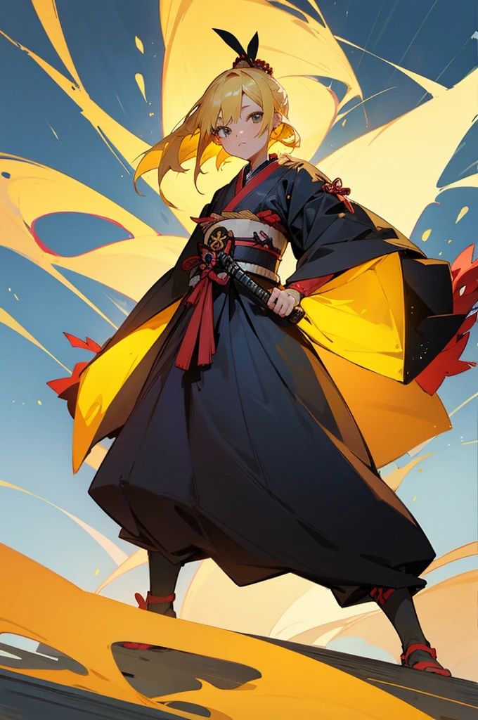 Teen , Female, samurai Clothing, Standing pose, Town background, Yellow Hair