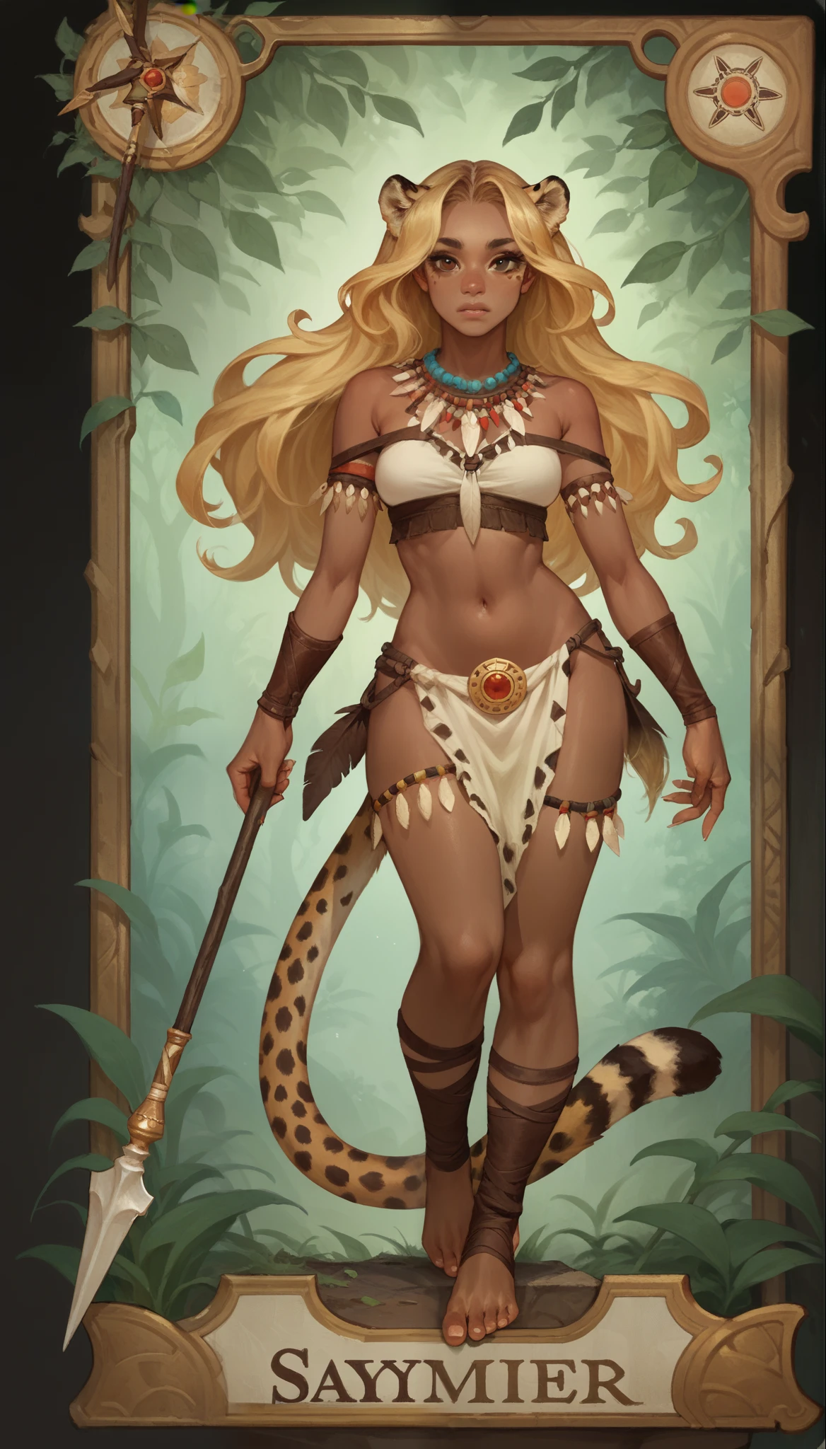 score_9, score_8_up, score_7_up, score_6_up, score_5_up, score_4_up, 
female, (cheetah:1.2), animal ears, holding spear in hands, long hair, dark_skin, dark_skinned_female, blonde hair, brown eyes, eyelashes, frills, tribal outfit,
Full body standing painting, (((solo))), Simple line design, ((tarot card background, symmetric beauty)), perfectly symmetrical, The art of symmetry, Standing drawings of characters, ((flatcolors)), tmasterpiecetop Qualities qualtiy