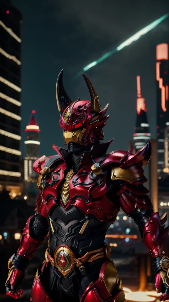 A man in fantasy-style full body armor, A fully enclosed helmet inspired by the Vajrayaksa, Composite Layered Chest Plate, Fully covered shoulder and hand guards, Lightweight waist armor, Close-fitting shin guards, The overall design is sturdy yet flexible, ((The armor is black, Red is the accent)), Gives off a noble aura, This character is、It embodies a hero wearing fantasy surreal style armor elaborately crafted in anime style.。, Exquisite and mature cartoon art style, (Bat Concept Armor, Realistic:1.4, Realistic textured materials:1.2, Professional photos, Cinematic), ((City night view, element, energy, elegant, goddess, woman:1.5)), metallic, High resolution, Highest quality, High resolution, Super detailed, Ultra-fine painting, Very delicate, Anatomically correct, Symmetrical face, Highly detailed eyes and face, High quality eyes, creativity, RAW Photos, 超High resolution, 32k, Natural light, Cinematic lighting, masterpiece-anatomy-perfect, masterpiece:1.5