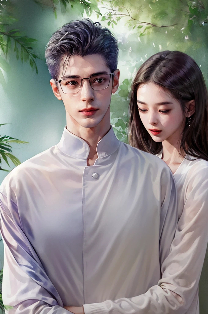 A tall, thin man in a white shirt with slender fingers and frameless glasses lies in the arms of a woman，Looking at each other with love。Indoor sofa front，Bright and warm tones,(White background:1.4), ((Standing picture)), ,((watercolor)), Sharp focus，Make a happy expression,Gentle smile,pure,Beautiful face and eyes,Intricate details of clothing decoration patterns