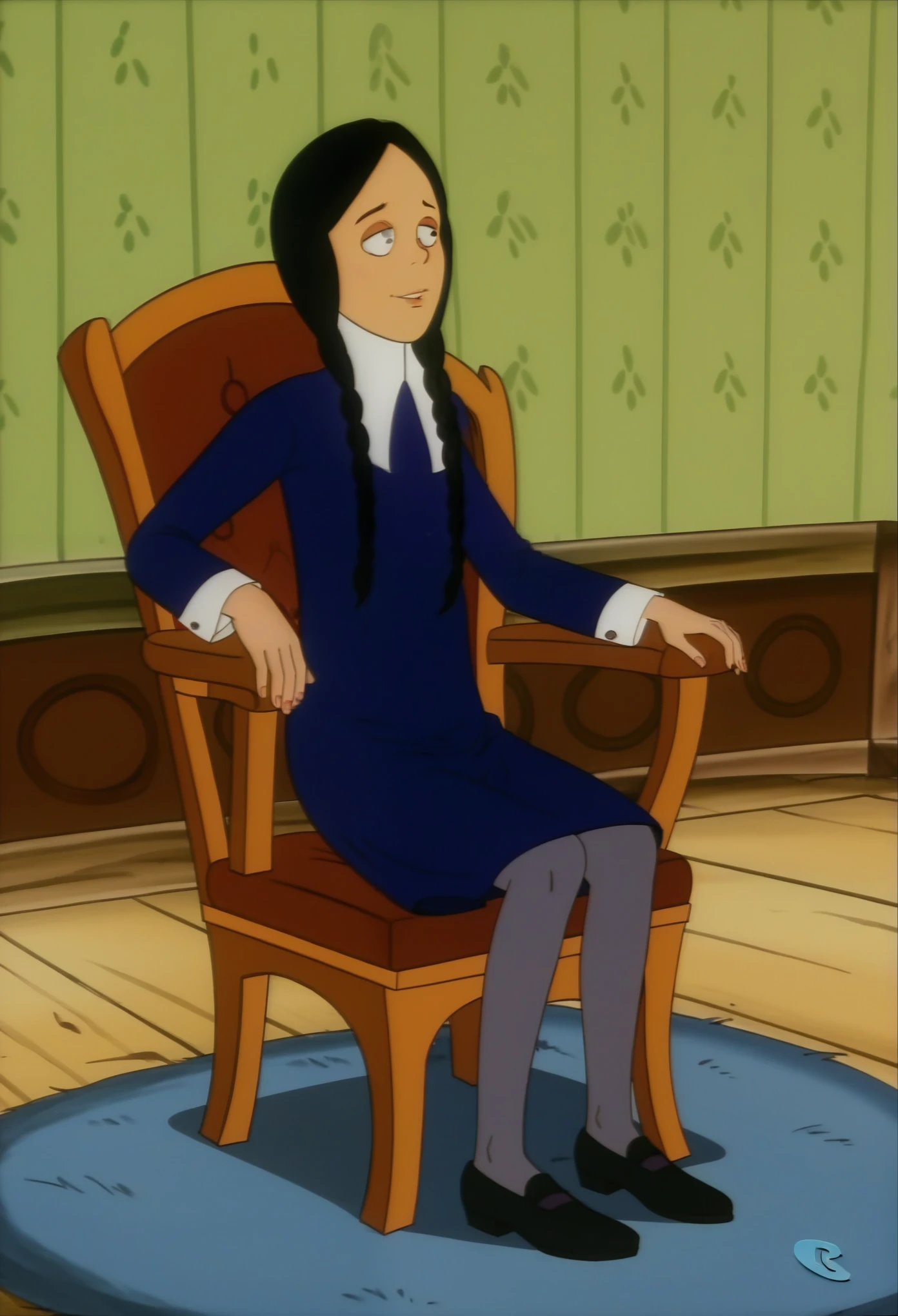 score_9, 1girl, solo, wednesday, black hair, twin braids, black dress, grey pantyhose, sitting, chair