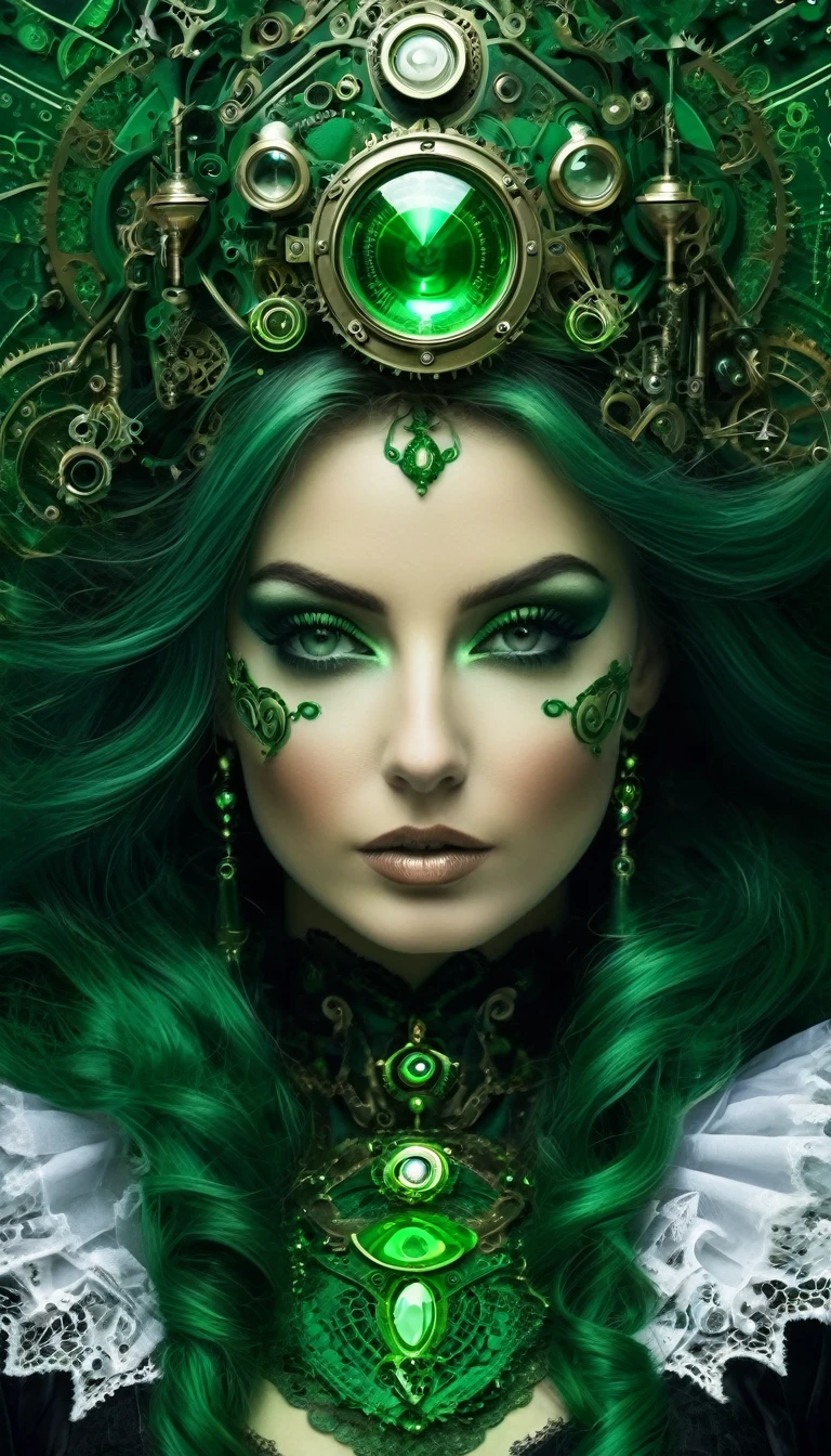 (((From below:1.35))), Un portrait hyperréaliste d'une sublime femme royale heureuse et rayonnante,(haute technologie), femme aux cheveux_vert sombre foncé très_long, ((cheveux vert foncé électrique)), portant une robe en dentelle blanche avec des accessoires steampunk, situé dans une pièce de style victorien avec des éléments mécaniques, seins volumineux, poitrine push-up , regard intense et sensuel , corps élancé,  pose dynamique 