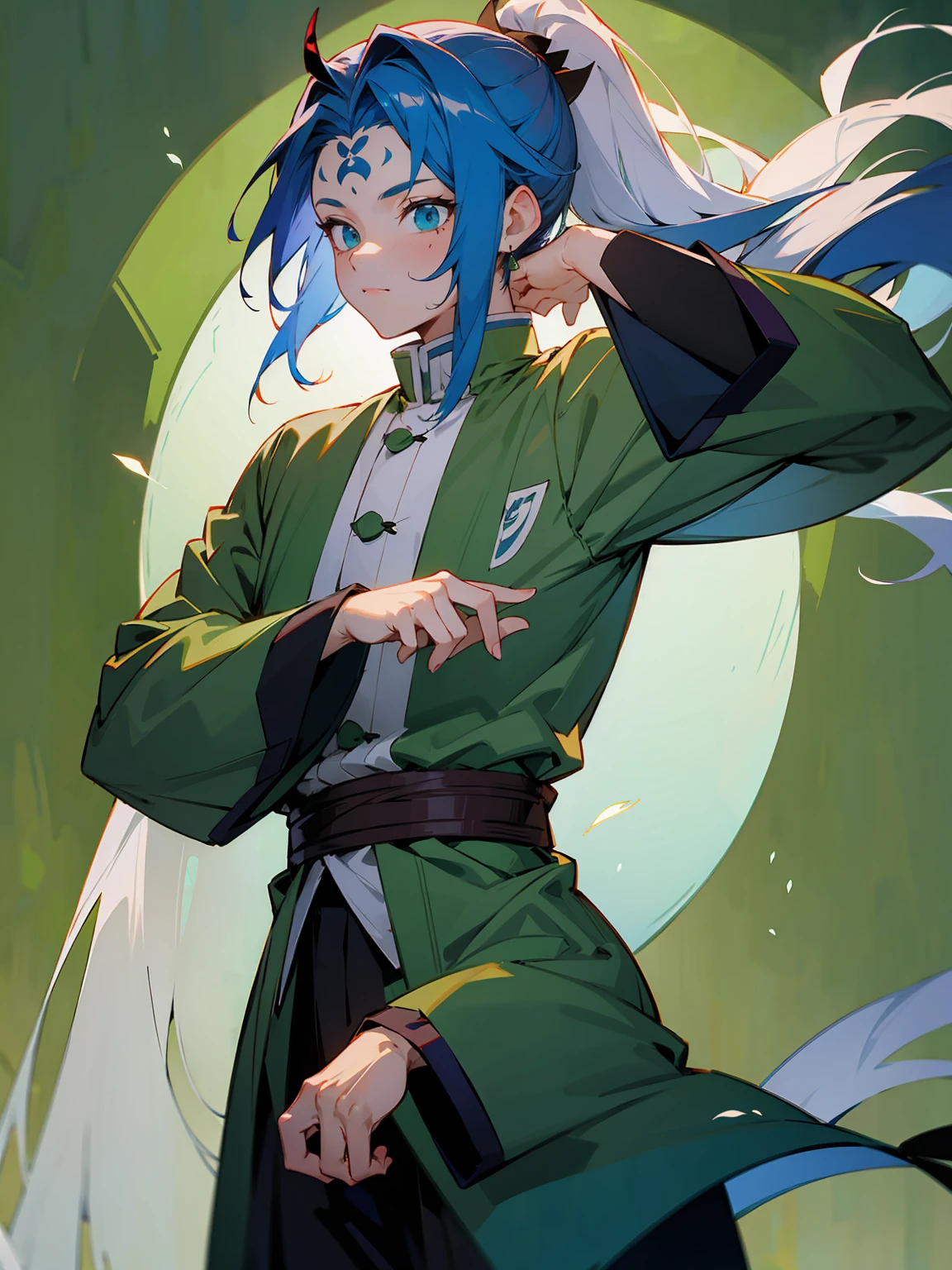 1male, Adult, Deep Blue Hair, Medium Length Hair, White Inner Hair, Ponytail, Haori With Leaves On It, Green Face Mark, Forest Background, Standing in Forest, Demon Slayer Uniform