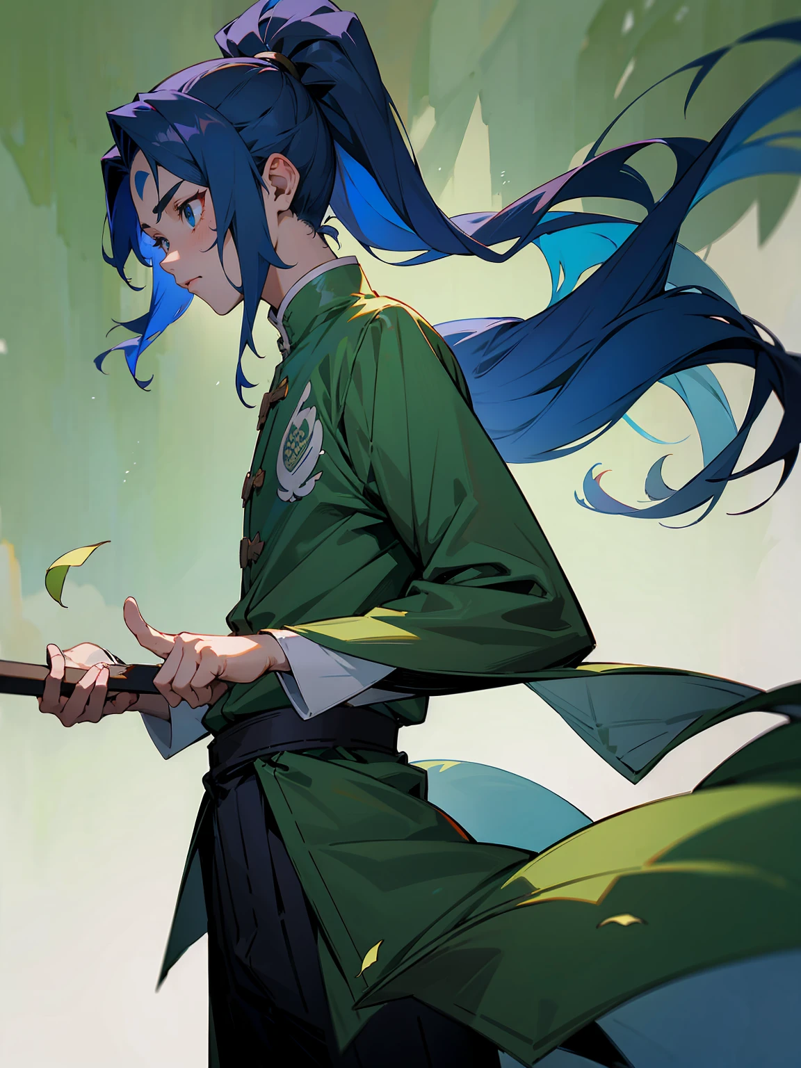 1male, Adult, Deep Blue Hair, Medium Length Hair, White Inner Hair, Ponytail, Haori With Leaves On It, Green Face Mark, Forest Background, Standing in Forest, Demon Slayer Uniform