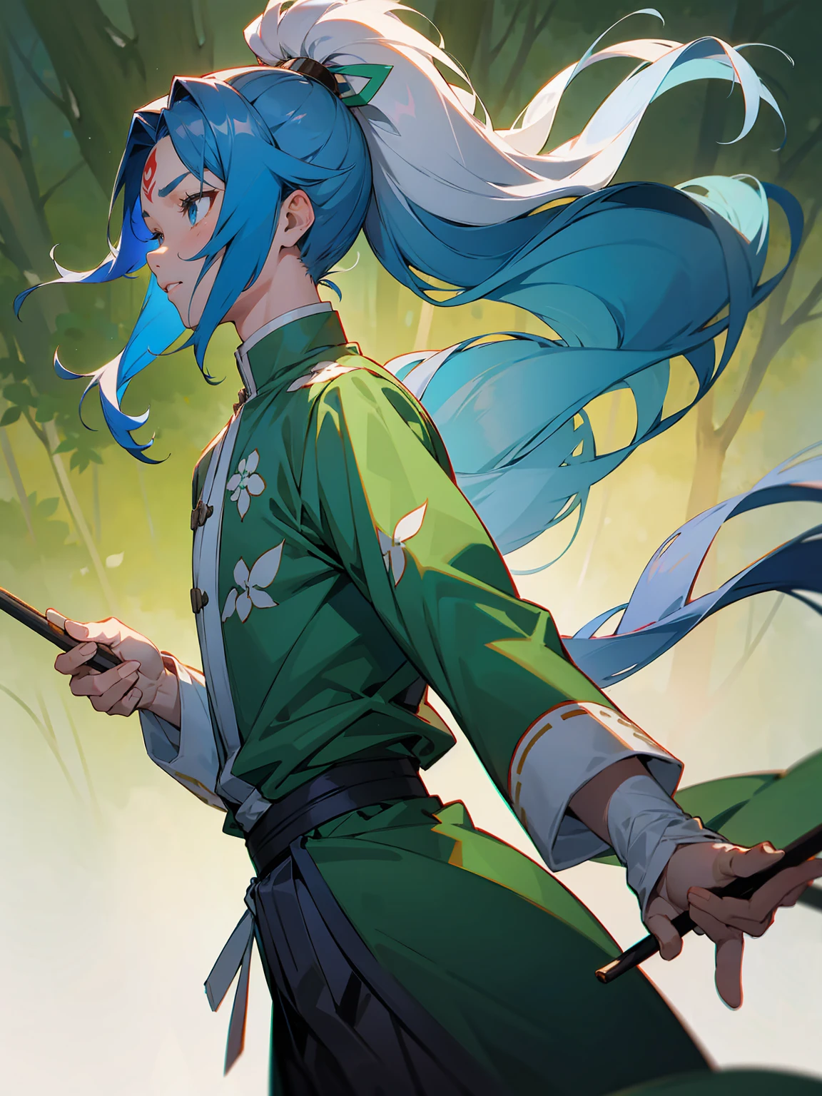 1male, Adult, Deep Blue Hair, Medium Length Hair, White Inner Hair, Ponytail, Haori With Leaves On It, Green Face Mark, Forest Background, Standing in Forest, Demon Slayer Uniform