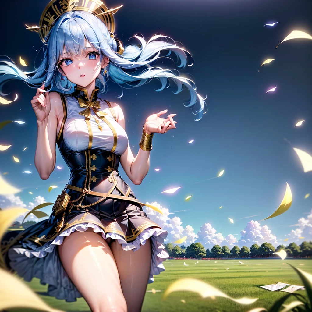 1girl、Dynamic composition、marching band、(((Masterpiece、Highest quality、Official Art、Super detailed、Handsome face、Dynamic composition)))、Anime Style、(Milky white and blue hair:1.3),(blue eyes:1.4),(Bright colors:1.4),((麻の葉background:1.3)),, marching bandのユニフォームを着たクールな***, marching bandの帽子、mini skirt, Frills, Black and white with gold embroidered flag held in both hands,（background:Large red flag on the back with gold floral embroidery, Note, )、euphonium、Huge Flag、