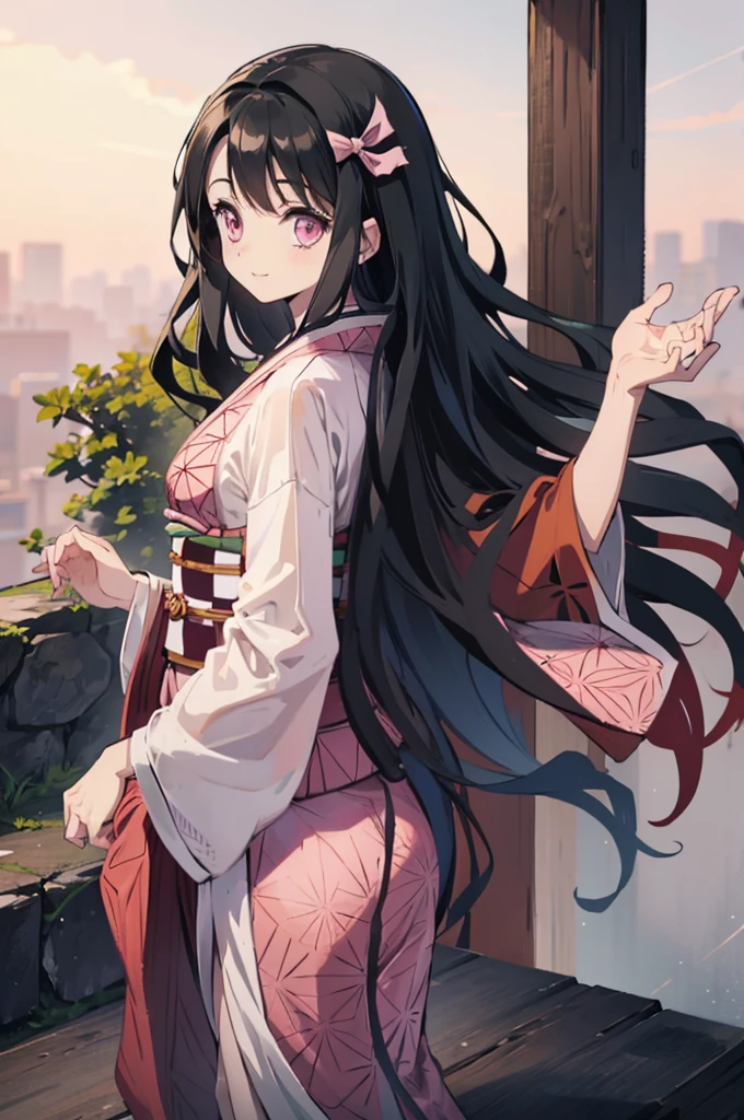 (masterpiece:1.3), (best quality:1.1), (8k, ultra detailed, ultra high res:1.2), ((anime style)), perfect 5 fingers, perfect anatomy,
1girl,
Kamado Nezuko,
BREAK long hair, wavy hair,
black hair,
pink eyes,
ribbon,
small breasts,
BREAK japanese clothes, pink kimono, brown haori, obi,
smile,
looking at viewer,
cowboy shot,
perfect light, BREAK outdoor, waterfall mist, glowing particles,