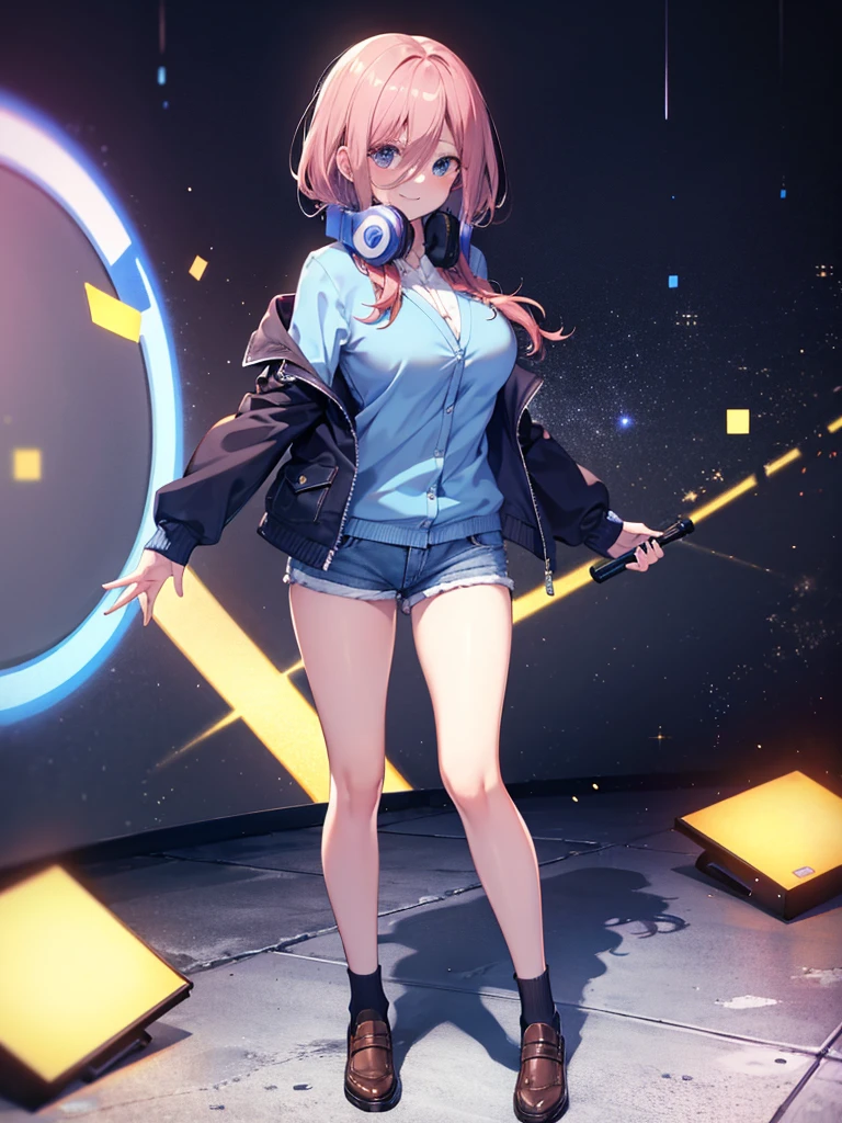 (8K, Highest quality, Highest quality, masterpiece), standing, (denim hot shorts), (mini shorts), big breasts, nm1, headphones around neck, long sleeves, blue cardigan, pantyhose, (fullbody), smile, school uniform, open jacket
