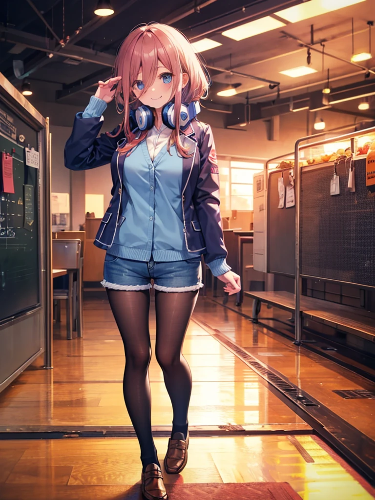 (8K, Highest quality, Highest quality, masterpiece), standing, (denim hot shorts), (mini shorts), big breasts, nm1, headphones around neck, long sleeves, blue cardigan, pantyhose, (fullbody), smile, school uniform, open jacket