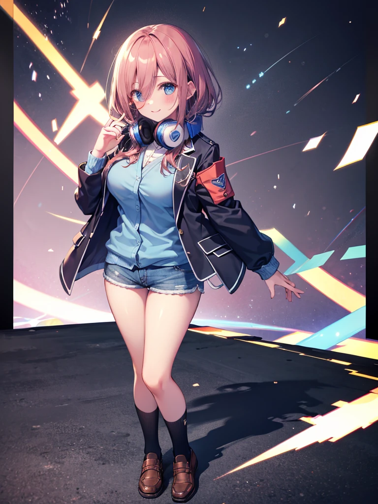 (8K, Highest quality, Highest quality, masterpiece), standing, (denim hot shorts), (mini shorts), big breasts, nm1, headphones around neck, long sleeves, blue cardigan, pantyhose, (fullbody), smile, school uniform, open jacket