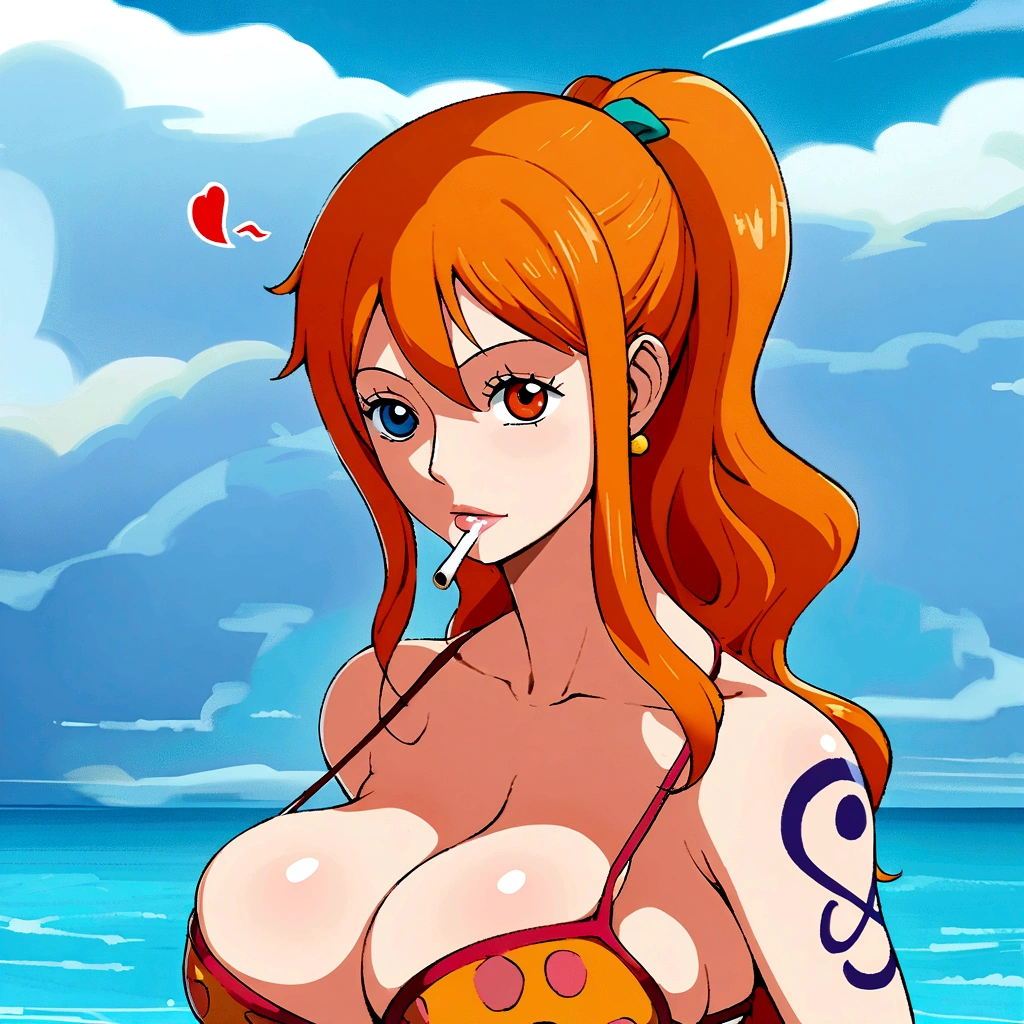 a cartoon picture of a woman in a bikini top and jeans, nami one piece, nami from one piece, nami, beautiful portrait of nami, from one piece, oppai, blue eyes, smoking, ponytail, nsfw