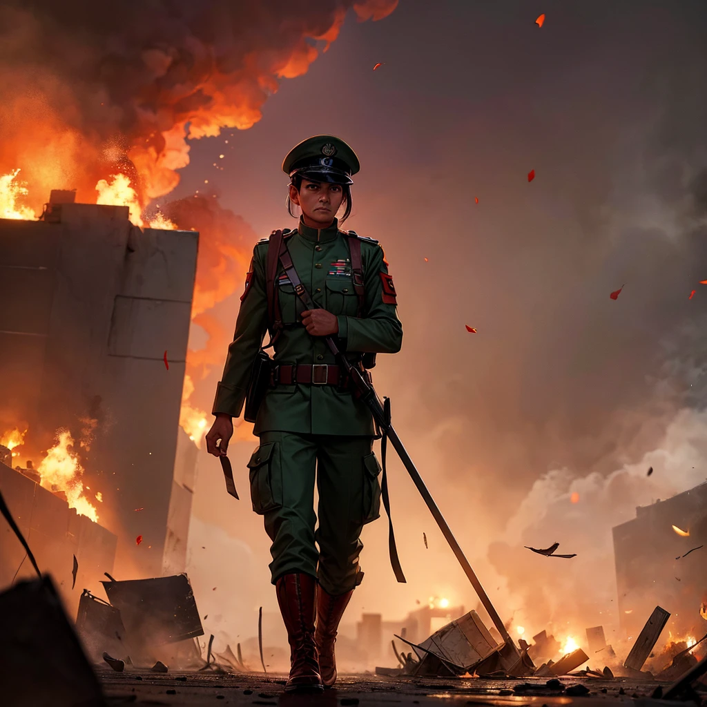 Soldier in Mexican uniform walking over a devastated city with smoke and red chips falling