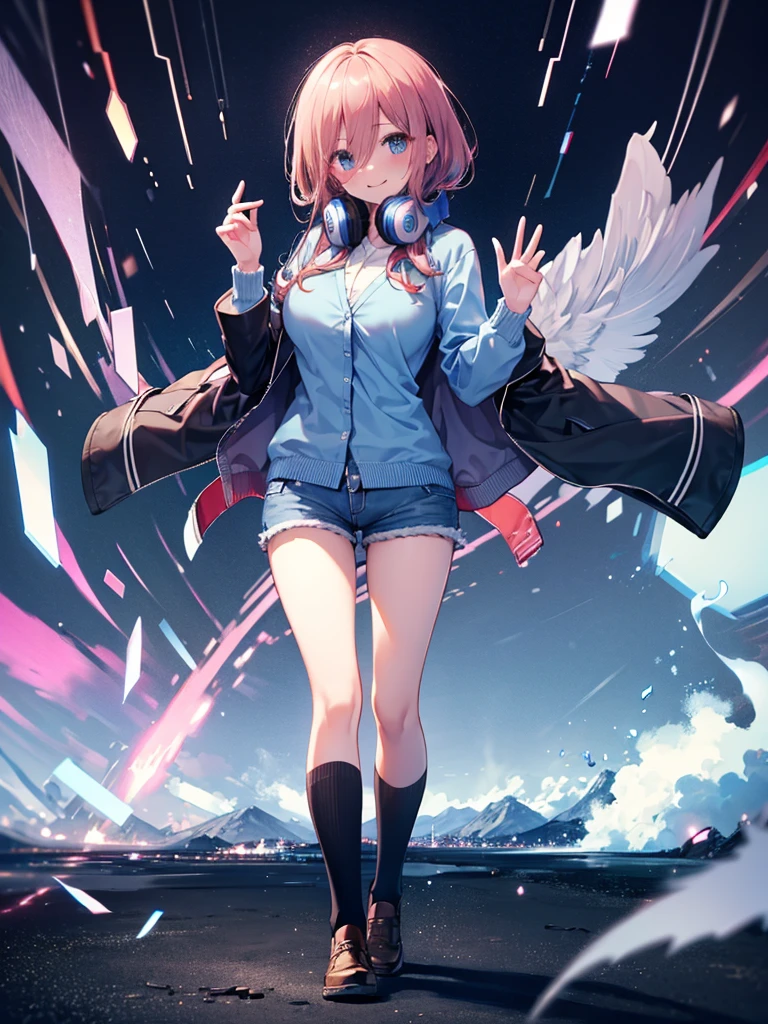 (8K, Highest quality, Highest quality, masterpiece), standing, (denim hot shorts), (mini shorts), big breasts, nm1, headphones around neck, long sleeves, blue cardigan, pantyhose, (fullbody), smile, school uniform, open jacket