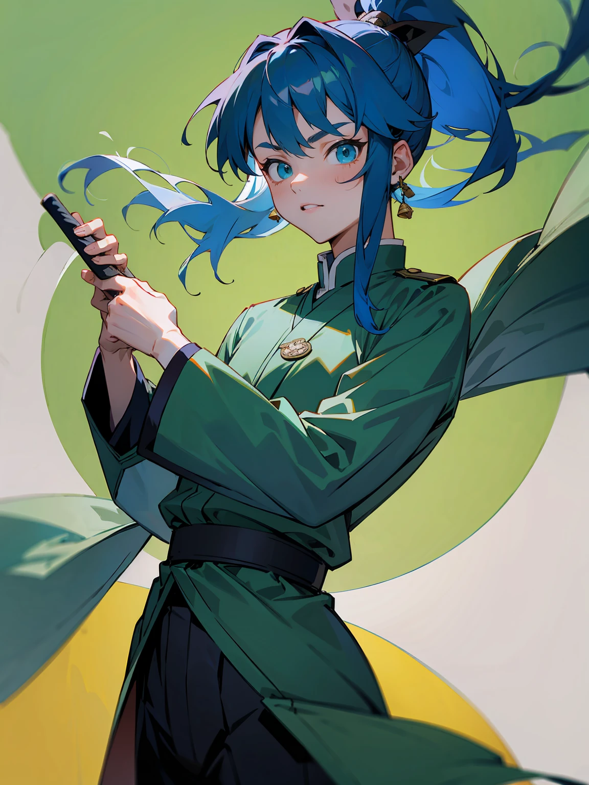 1male, Adult, Deep Blue Hair, Medium Length Hair, White Inner Hair, Ponytail, Haori With Leaves On It, Green Face Mark, Forest Background, Standing in Forest, Demon Slayer Uniform