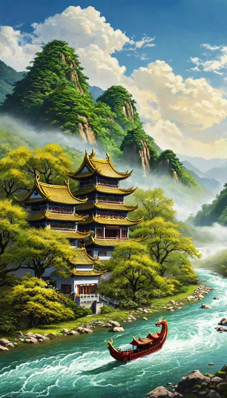 An ancient Chinese painting, ancient Chinese background, mountains, rivers, auspicious clouds, pavilions, sunshine, masterpieces, super detail, epic composition, ultra HD, high quality, extremely detailed, official art, unified 8k wallpaper, Super detail, 32k -- v 6 --auto