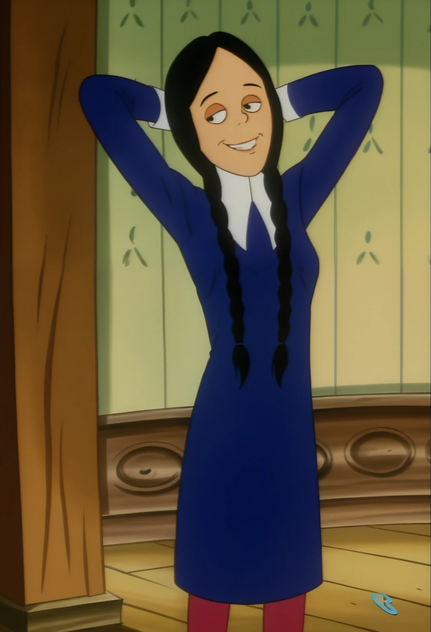 score_9, 1girl, solo, wednesday, black hair, twin braids, dress, smirk, hands behind head