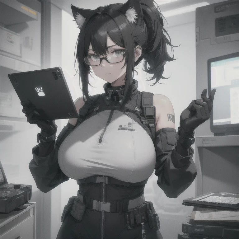 Absurd resolution, high resolution, (masterpiece: 1.4), hyper-detail, full body shot, solo, 1 kemono feline cat woman, no skin other than neck and head shown, black hair, glasses, messy ponytail, cute face, detailed soft grey eyes, huge massive hyper super swollen breasts that cover her whole torso and are bigger than her head while being so big they reach her belly button, extremely large bust, wide full hips, narrower torso and shoulders, smaller torso, full thicc big soft thighs, big rounded full soft butt, ruggedized utility styled outfit, full body outfit coverage with no skin showing or revealed, weather-proof durable clothing material, monochrome black and grey fullbody covering protective padding pilot rugged utility suit with white chest, practical/functional clothing, custom made clothing to fit and support large breasts, scifi padded rugged high collar techwear jacket, white and black triangular decals and techwear iconography on apparel and clothing, techwear gloves, arm mounted strapped display scifi tablet/communication device/computer, rugged tablet display mounted on MOLLE strap on top of her bust, ruggedized computer tablet mounted above her breasts, screen display mounted on top of her chest, ruggedized tech, ruggedized tech aesthetic, fitted utility pants, utility chaps, near future scifi, cyberpunk aesthetic, anime aesthetic