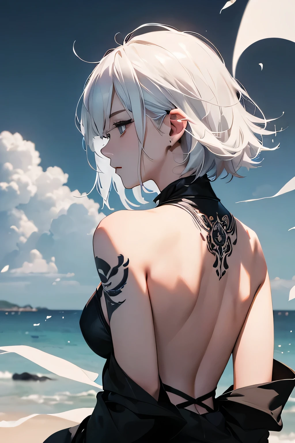 (Image from chest up:1.4)((masterpiece:1.5,Highest quality,Beautiful images、2.5D、Abstract、Artistic、Portraiture))(1girl, solo)(medium breasts, white hair、bob hair、Beautiful cleavage、Exposing shoulders、Tattoo on shoulder)(Profile Portrait,Gaze sideways、Gaze diagonally、Shake your head、A sad expression, floating hair)(Monotone artistic background、Ink-like background)((from behind:1.5)),Landscape